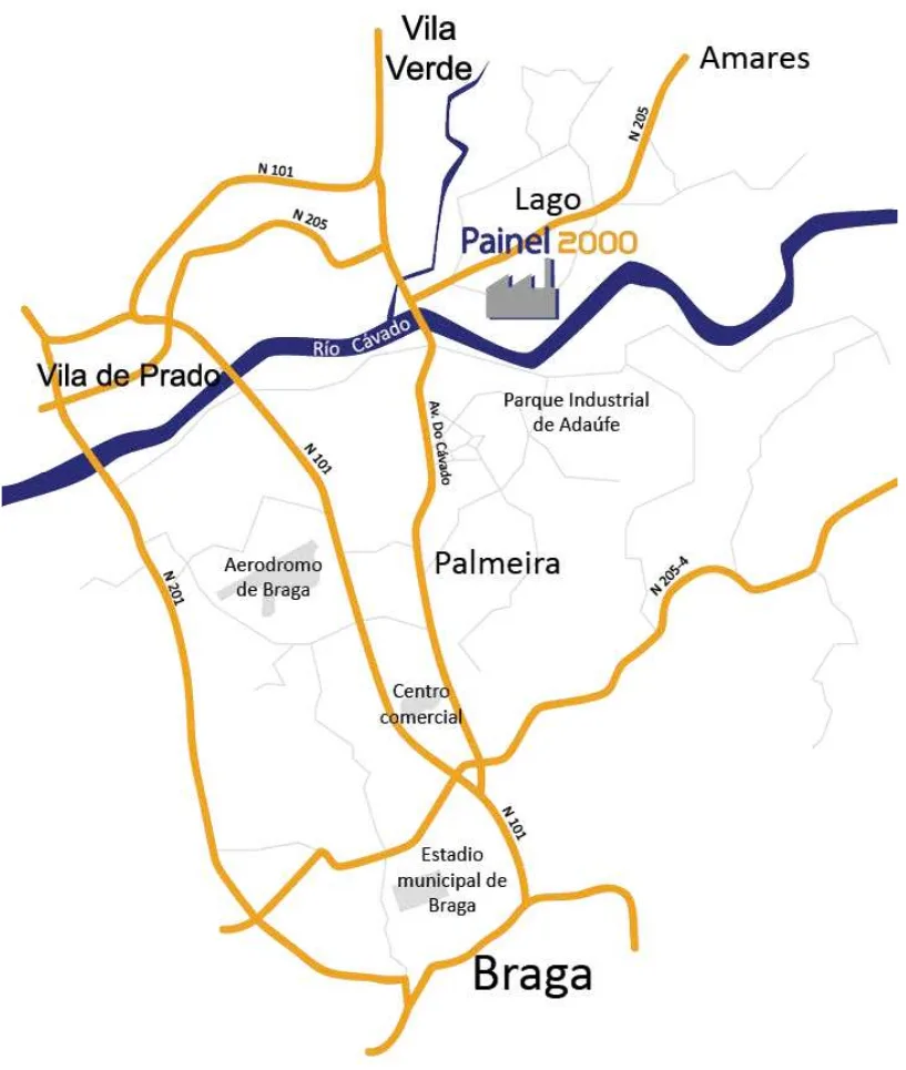 Carte de l’emplacement de Painel 2000 à Lago, Amares, entre Vila Verde et Braga